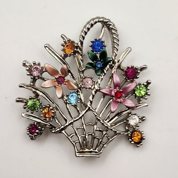 BASKET OF FLOWERS BROOCH PIN-PASTEL COLORS CRYSTALS-BEAUTIFULLY DESIGNED-DAZZLER - Picture 1 of 3